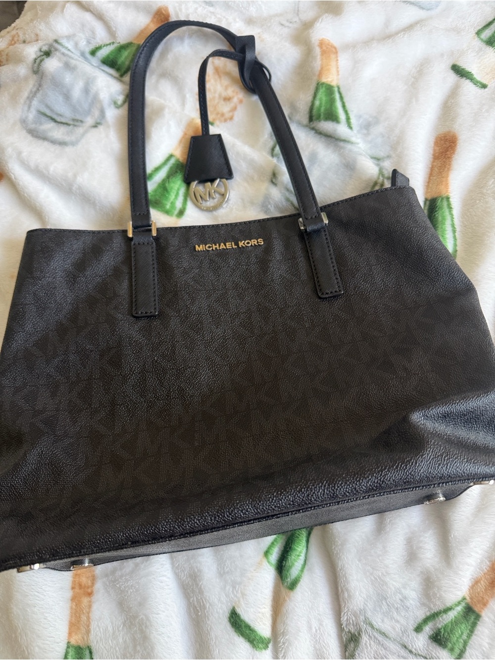 Michael Kors Black MK Logo Satchel with Gold Accents